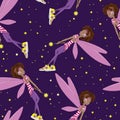 Cute and beautiful teen fairy with sneakers flying and listening to music seamless pattern vector