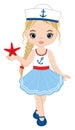 Cute Beautiful Teen Girl Wearing Nautical Dress Holding Starfish. Vector Nautical Girl