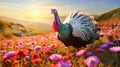 Cute, beautiful turkey in a field with flowers in nature, in the sun& x27;s rays.