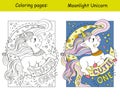 Cute beautiful unicorn on the moon coloring and template vector