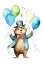 a cute beautiful watercolor illustration of a tiny happy cute smiling yodeling platypus with a lot of baloons dressed like a Royalty Free Stock Photo