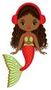 Beautiful Christmas African American Mermaid with Red and Green Fishtail Wearing Headphones. Vector Cute Black Mermaid