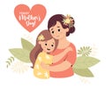Cute beauty woman mother with her daughter teenager. Happy mothers day card. Vector illustration in flat cartoon style