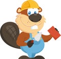 Cute Beaver Builder Cartoon Character Wearing A Helmet And Using Trowel And Brick