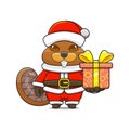 cute beaver wearing santa costume and giving christmas gifts, cartoon animal mascot in christmas costume