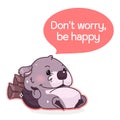 Cute beaver cartoon kawaii vector character. Dont worry be happy phrase inside speech bubble. Lazy beaver isolated sticker.