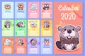 Cute beaver and elephant 2020 calendar design template with cartoon kawaii characters. Wall poster, calender creative pages layout Royalty Free Stock Photo