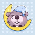 Cute beaver kawaii cartoon vector character. Adorable and funny animal sleeping, dreaming on moon isolated sticker, patch. Bedtime