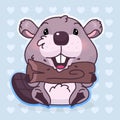 Cute beaver kawaii cartoon vector character. Adorable, happy and funny animal biting wood log isolated sticker, patch. Anime baby Royalty Free Stock Photo