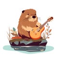 Cute beaver playing music on guitar near autumn pond or lake, funny woodland scene Royalty Free Stock Photo