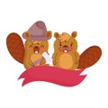 Cute beavers cartoons with hat and ribbon vector design