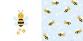 Cute bee card and seamless pattern. Background for kids with bees and daisies.