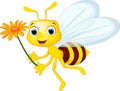 Cute bee cartoon flying while carrying flowers