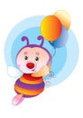 Cute bee character flies and holds balloons in his hands, isolated object on white background, vector illustration