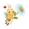 Cute Bee Character with Striped Yellow Body and Wings Carrying Daisy Flower with Red Heart Vector Illustration Royalty Free Stock Photo