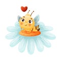 Cute Bee Character with Striped Yellow Body and Wings Sitting on Daisy Flower Looking at Red Heart Vector Illustration Royalty Free Stock Photo