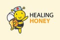 Cute bee doctor holds a jar of honey. Funny healing honey logo. Design for print, emblem, t-shirt, party decoration, sticker,