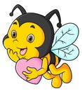 The cute bee is flying while holding a heart love doll Royalty Free Stock Photo