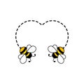 Cute bee flying icon. Cartoon lovely bees. Heart dotted lines path with dash line trace.