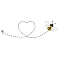 Cute bee flying icon. Heart dotted lines path with start point and dash line trace
