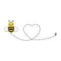 Cute bee flying icon. Heart dotted lines path with start point and dash line trace
