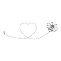 Cute bee flying icon. Heart dotted lines path with start point and dash line trace