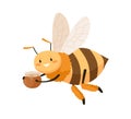 Cute bee with happy face flying and carrying honey pot. Smiling adorable honeybee holding jar in paws. Childish colored Royalty Free Stock Photo