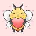 Cute bee holding heart cartoon hand drawn style Royalty Free Stock Photo