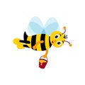 Cute bee holding honey. happy cartoon bee flying with bucket of honey. Royalty Free Stock Photo