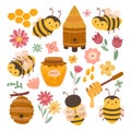 Cute bee and honey. Yellow bees, cartoon flying insects and sweet organic dessert. Honeycombs, flowers and beekeeping