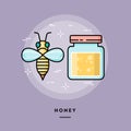 Cute bee and jar of honey, line flat design banner