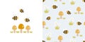 Cute bee and mushroom card and seamless pattern. Background for kids with mushrooms, bees and daisies. Vector illustration.