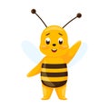 Cute bee waving greeting isolated on white background. Smiling cartoon character happy Royalty Free Stock Photo