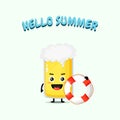 Cute beer mascot carrying a float with summer greetings Royalty Free Stock Photo