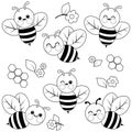 Cute bees collection. Cute cartoon bees making honey in the garden in springtime. Vector black and white coloring page Royalty Free Stock Photo