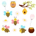 Cute bees, daisies, balloons, honey and beehive set. Cartoon characters