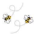 Cute bees with dotted route. Flying cartoon bee character. Royalty Free Stock Photo