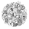 Cute bees in the flowers circle shape pattern. Funny insects coloring page