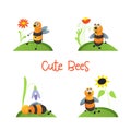 Cute bees with flowers on the hillock set