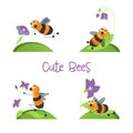 Cute bees with purple flowers on the hillock set