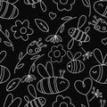 Cute bees with wings and flowers, hearts on a black background, vector children picture, seamless pattern