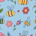 Cute bees with wings and flowers, hearts on a blue background, vector children picture, seamless pattern