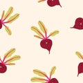 Cute beetroot, seamless pattern, endless background design. Repeating print, texture with funny vegetable character with