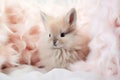 Cute beige baby bunny sitting on pink furry background