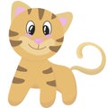 Cute beige kitten with brown stripes stands and looks, vector illustration in flat style