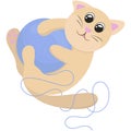 Cute beige kitten playing with a blue ball of thread, vector illustration in flat style