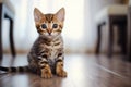Cute bengal cat sitting on the floor at home, A cute little Bengal kitten sitting on the floor at home, AI Generated