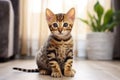 Cute bengal kitty cat sitting on the floor and looking at camera, A cute little Bengal kitten sitting on the floor at home, AI