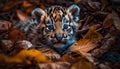 A cute Bengal tiger kitten hiding in the autumn forest generated by AI