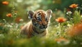 A cute Bengal tiger kitten hiding in the grass outdoors generated by AI